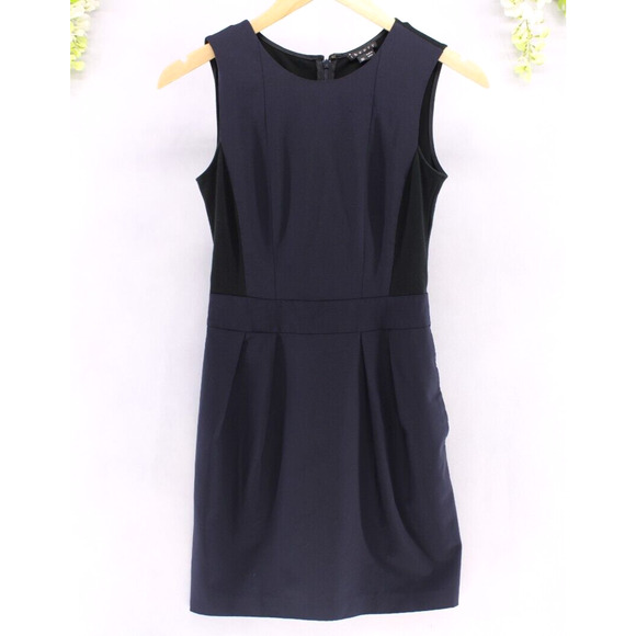 Theory Women's Wool Mini Dress Darua Tailor Sleeveless Navy/Black Size 00 - Picture 1 of 7